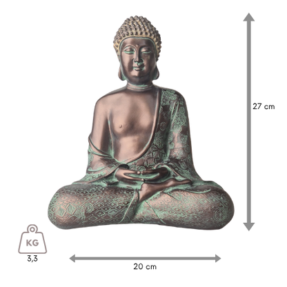 Buddha-Statue „Meditation“ in patinierter Bronzeoptik, Vorderansicht mit Bemaßung zur Höhe von 27 cm.
