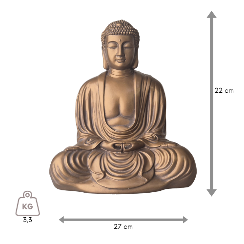 Bronzefarbene Buddha-Statue „Daibutsu“ mit Händen im Schoß, Vorderansicht mit Bemaßung zur Höhe von 22 cm.
