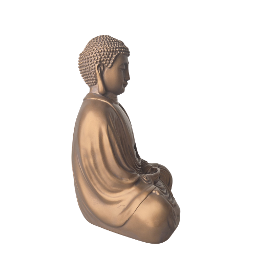 Bronzefarbene Buddha-Statue „Daibutsu“ im Profil nach rechts mit gelocktem Haar und fließenden Gewandfalten.