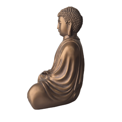 Bronzefarbene Buddha-Statue „Daibutsu“ im Profil nach links, sitzend mit gefaltetem Gewand und Händen im Schoß.