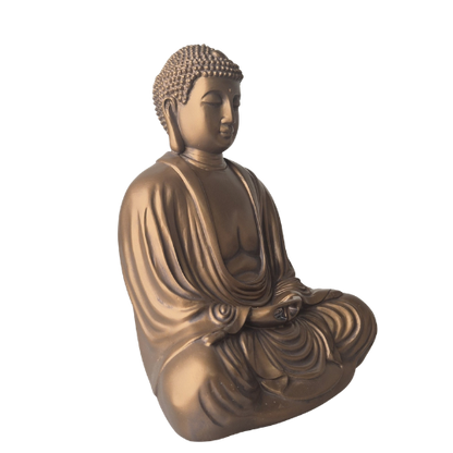 Schräge Vorderansicht der bronzefarbenen Buddha-Statue „Daibutsu“ mit Jo-in Mudra und übereinandergeschlagenen Beinen.