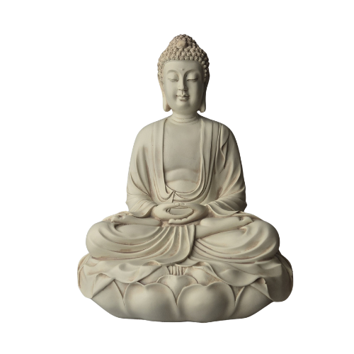 Elfenbeinweißer Amitabha-Buddha in Dhyana Mudra mit Händen im Schoß und faltenreichem Gewand auf Lotussockel, Vorderansicht.