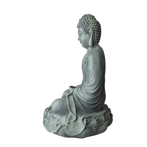 Grüne Buddha-Statue „Meditation“ im Profil nach links mit faltenreichem Gewand auf einem Lotussockel.