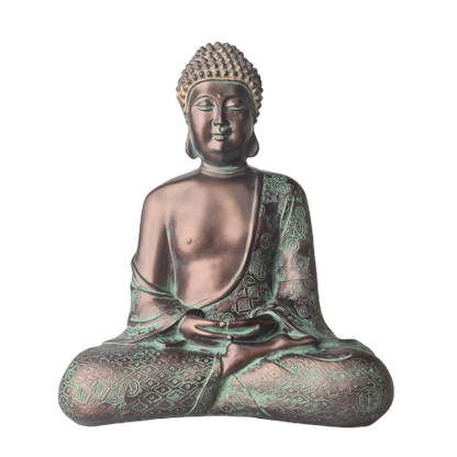 Buddha-Statue „Meditation“ in patinierter Bronzeoptik mit grünen Akzenten, verziertem Gewand und Händen im Schoß, Vorderansicht.