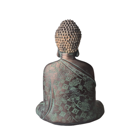 Rückansicht der Buddha-Statue „Meditation“ in patinierter Bronzeoptik mit fein gemustertem Gewand und gelocktem Haar.