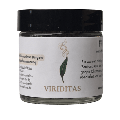 Glastiegel mit Logo Viriditas aus der Serie Hildegard von Bingen Räuchermischungen - exklusiv bei MAFUMO