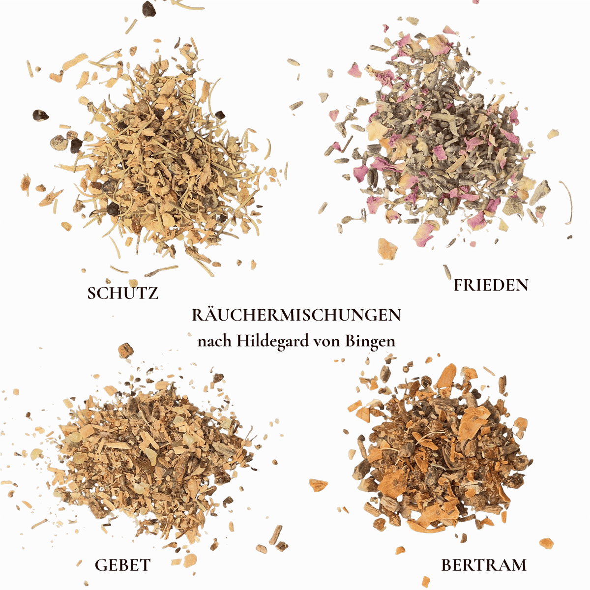 Bild zeigt alle 4 Räuchermischungen aus der Serie Viriditas nach Hilldegard von Bingen. Bertram - Frieden - Gebet und Schutz