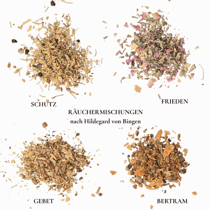 Bild zeigt alle 4 Räuchermischungen aus der Serie Viriditas nach Hilldegard von Bingen. Bertram - Frieden - Gebet und Schutz