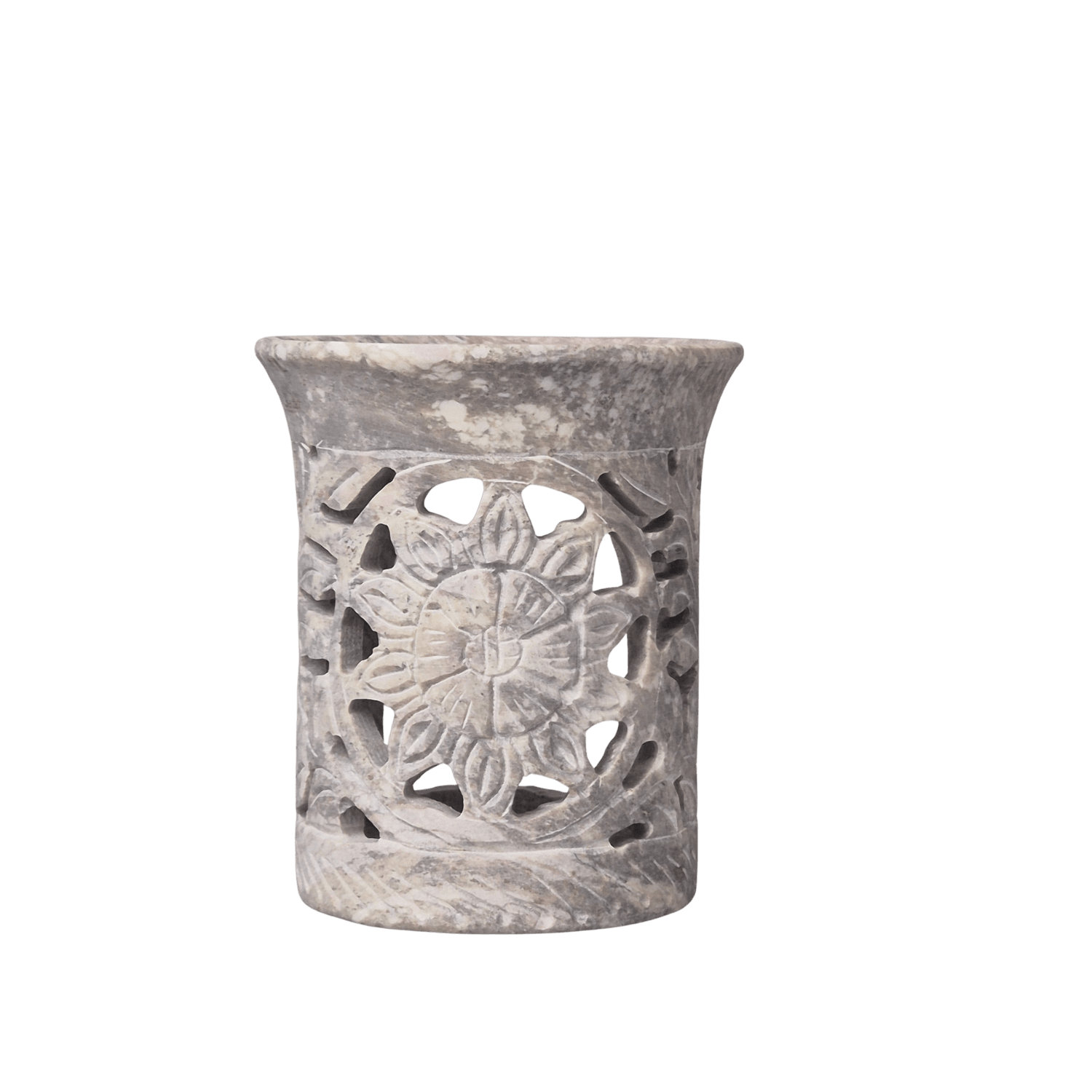 Räuchergefäß aus Speckstein mit Sonnensymbol und Edelstahl-Sieb ø 6 cm – hellgrau – MAFUMO Räuchermanufaktur