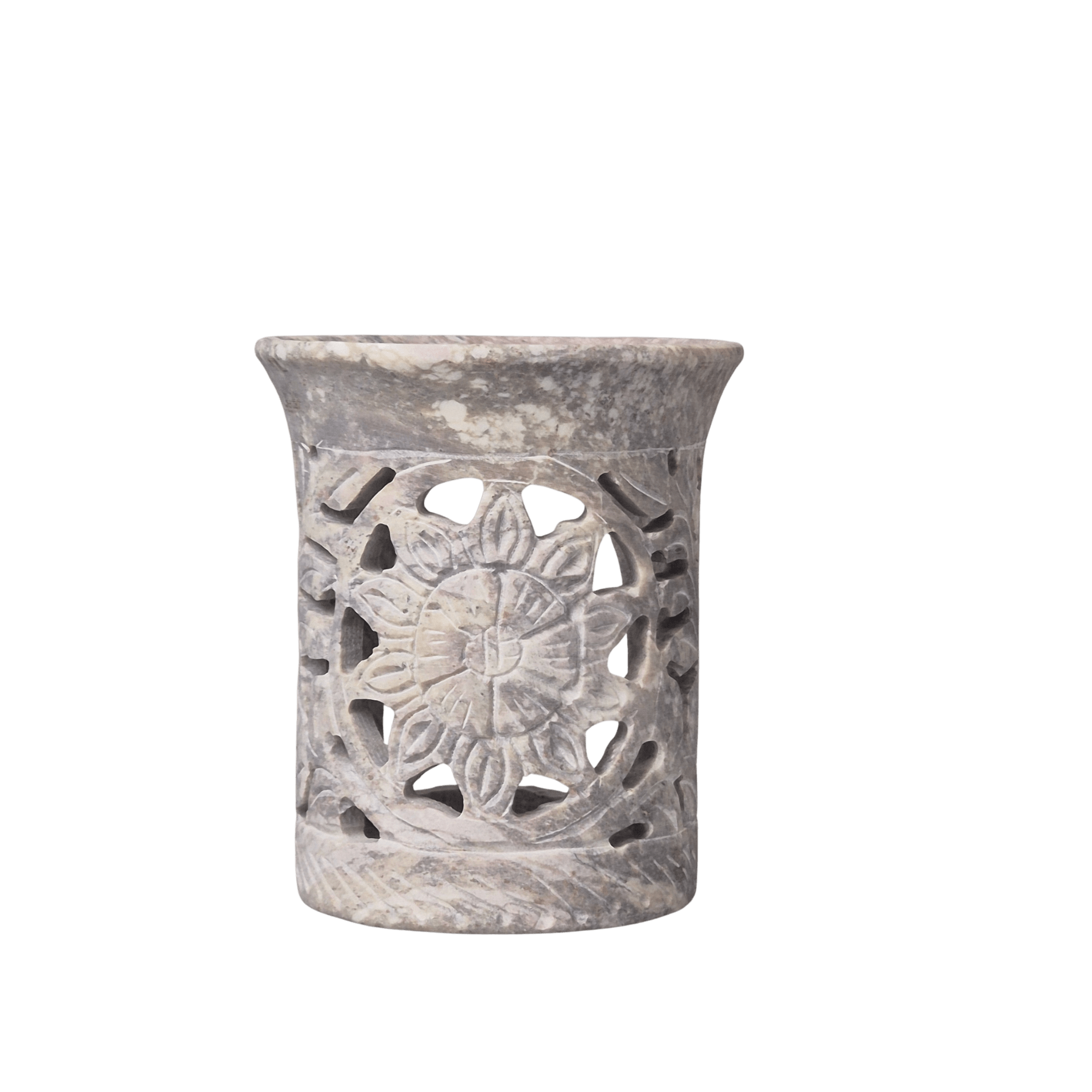 Räuchergefäß aus Speckstein mit Sonnensymbol und Edelstahl-Sieb ø 6 cm – hellgrau – MAFUMO Räuchermanufaktur