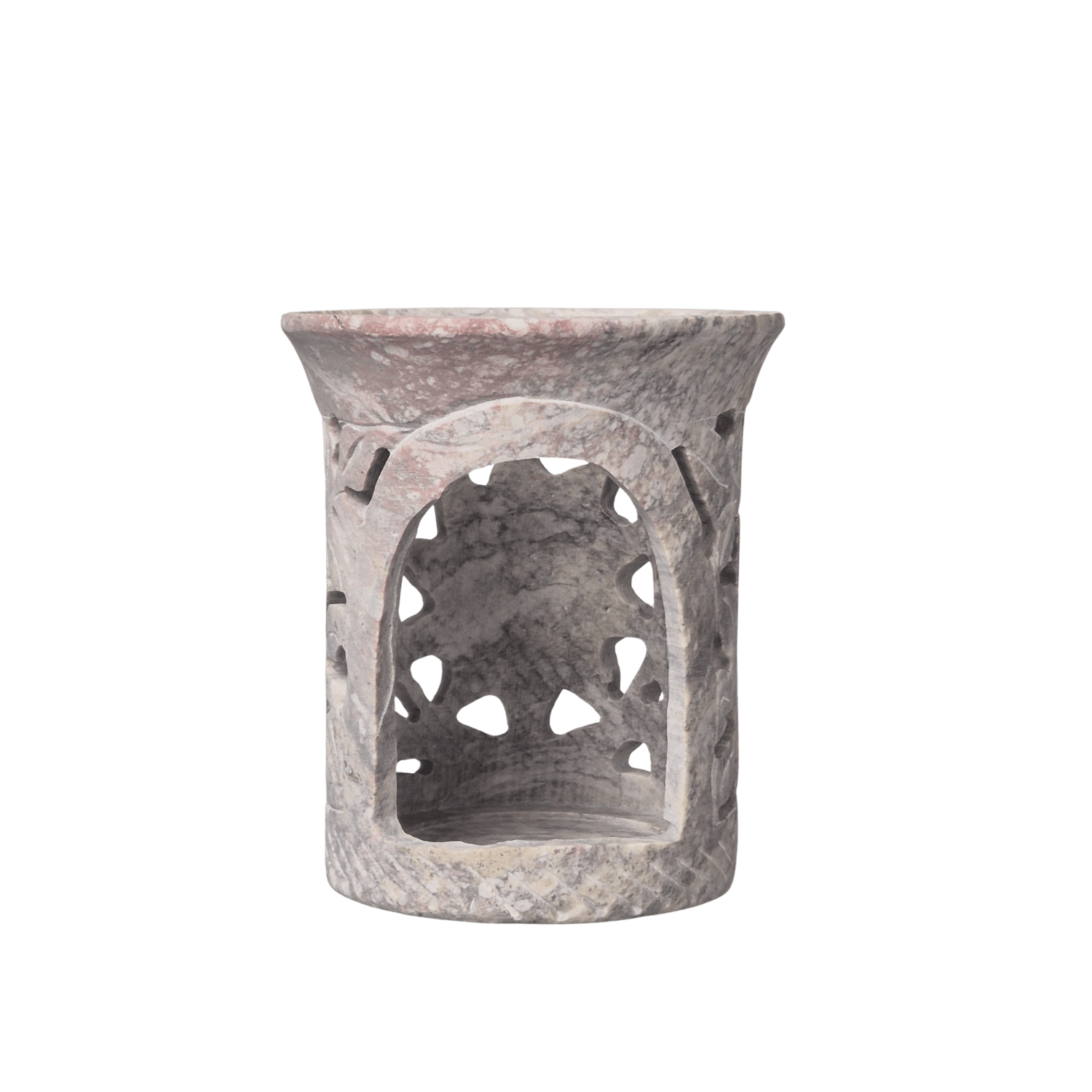Speckstein-Räuchergefäß mit Sonnensymbol – seitliche Ansicht – hellgrau bis rosé – MAFUMO