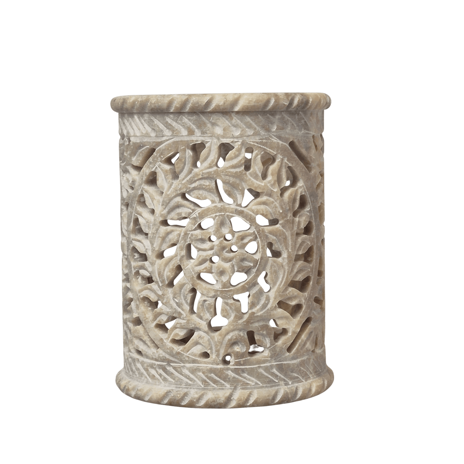 Räuchergefäß aus Speckstein mit fine carving – hellgrau, ca. 10 cm – MAFUMO Räuchermanufaktur