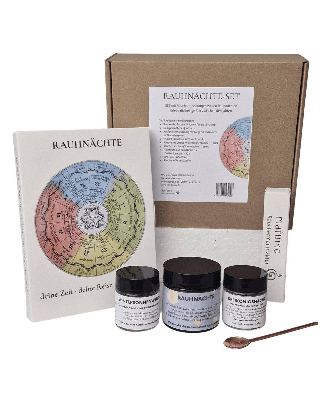 Inhalt des Komplett-Sets zu den Rauhnächten mit der Rauhnacht-Box, den 3 Mischungen für die Rauhnachtzeit, einen Räucherlöffel aus Kupfer und einmal MAFUMO Zündhölzer
