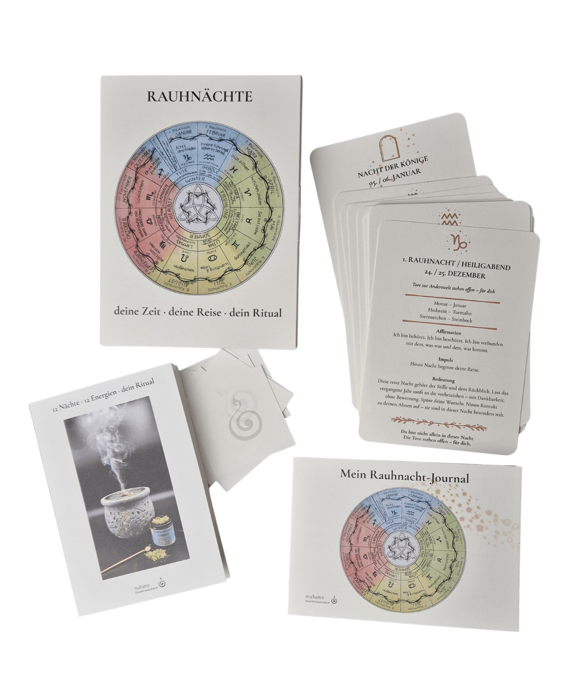 Rauchnacht-Set mit 13 Karten, Anleitung und Wunschritual und Journal - Sicht von oben auf  den Inhalt