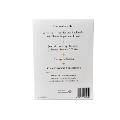 Rückseite der Rauhnächte-Box mit Beschreibung zum Inhalt, EAN Code