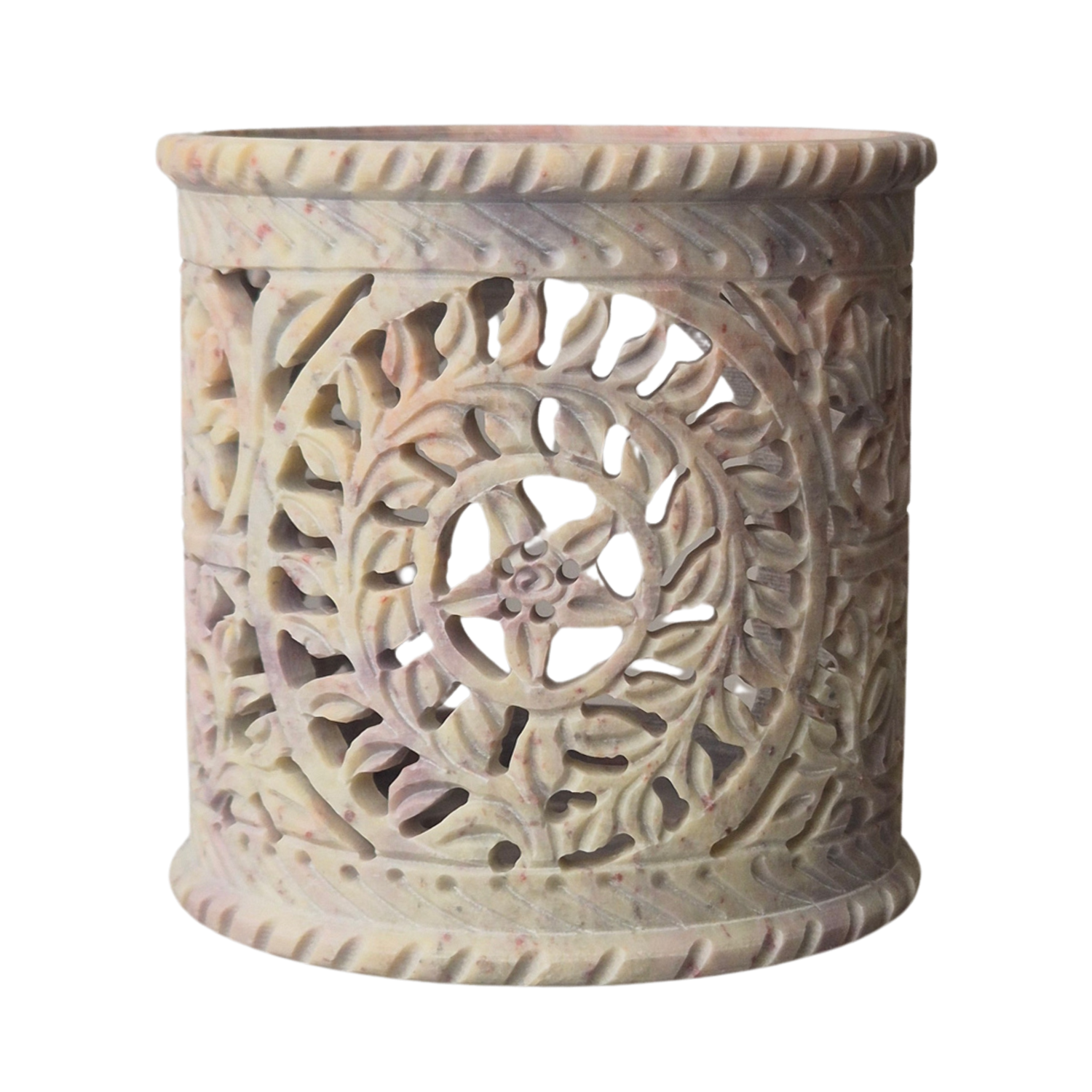 Räuchergefäß aus Speckstein mit Fine-Carving-Blütenmotiv, Frontansicht, Edelstahlsieb Ø 9 cm – MAFUMO Räuchermanufaktur