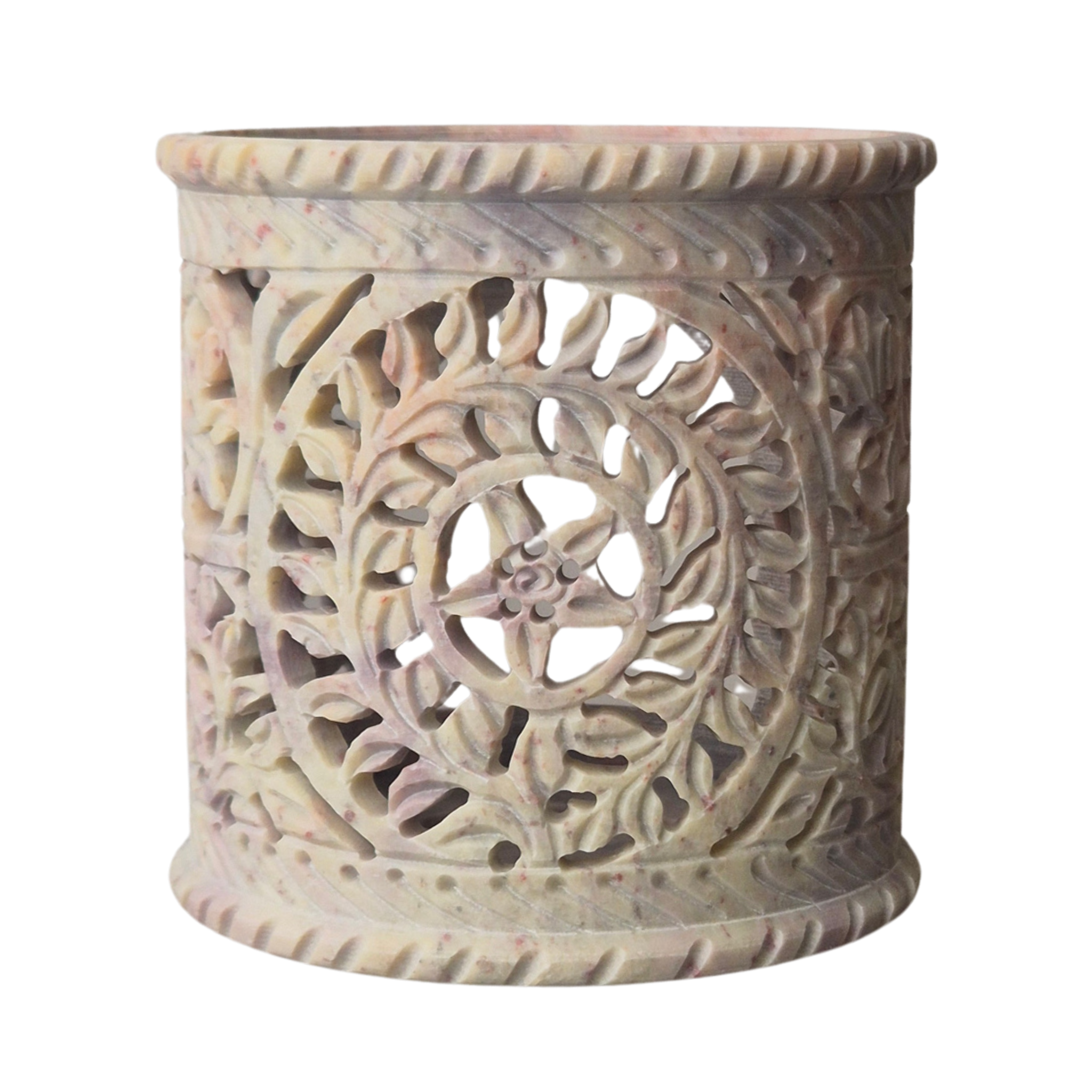 Räuchergefäß aus Speckstein mit Fine-Carving-Blütenmotiv, Frontansicht, Edelstahlsieb Ø 9 cm – MAFUMO Räuchermanufaktur