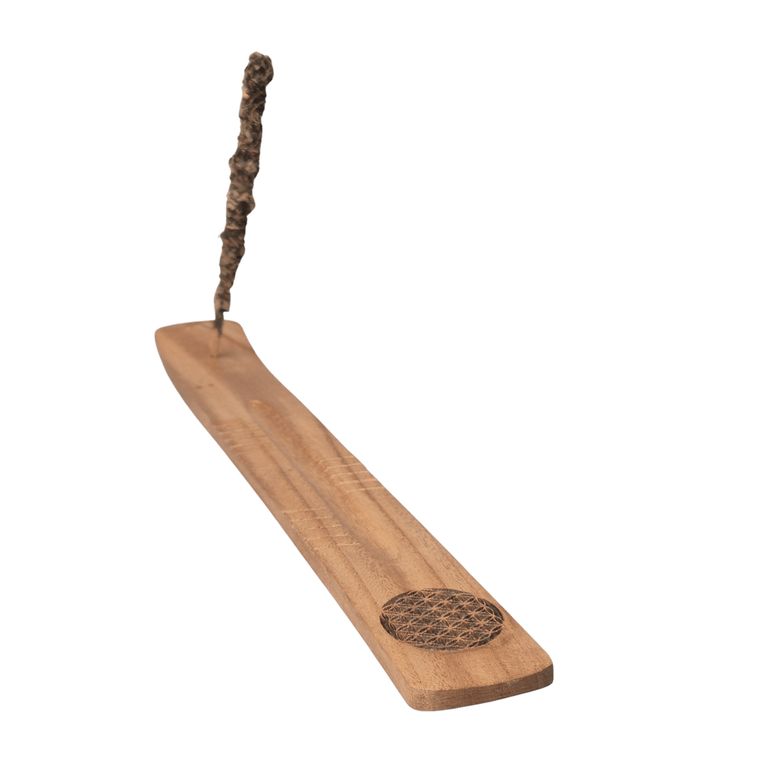 Räucherstäbchenhalter aus hellem Holz mit Blume des Lebens Muster. Länge ca. 28cm. Im Bild mit Räucherstäbchen