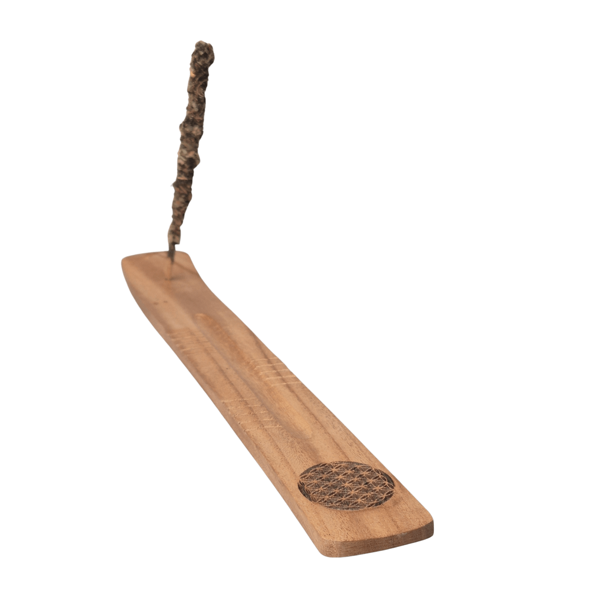 Räucherstäbchenhalter aus hellem Holz mit Blume des Lebens Muster. Länge ca. 28cm. Im Bild mit Räucherstäbchen