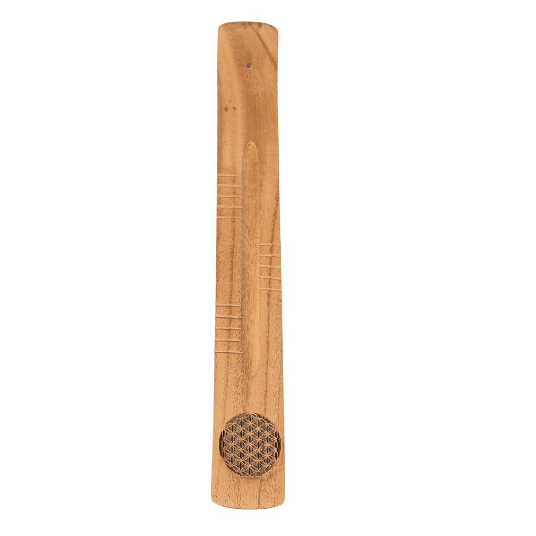 Räucherstäbchenhalter aus hellem Holz mit Blume des Lebens Muster. Länge ca. 28cm