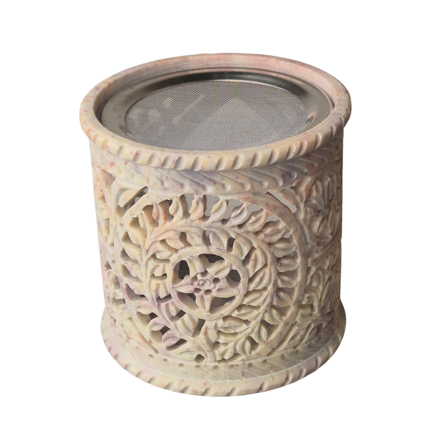 Räuchergefäß aus Speckstein mit Fine-Carving-Blütenmotiv, Draufsicht, Edelstahlsieb Ø 9 cm – MAFUMO Räuchermanufaktur