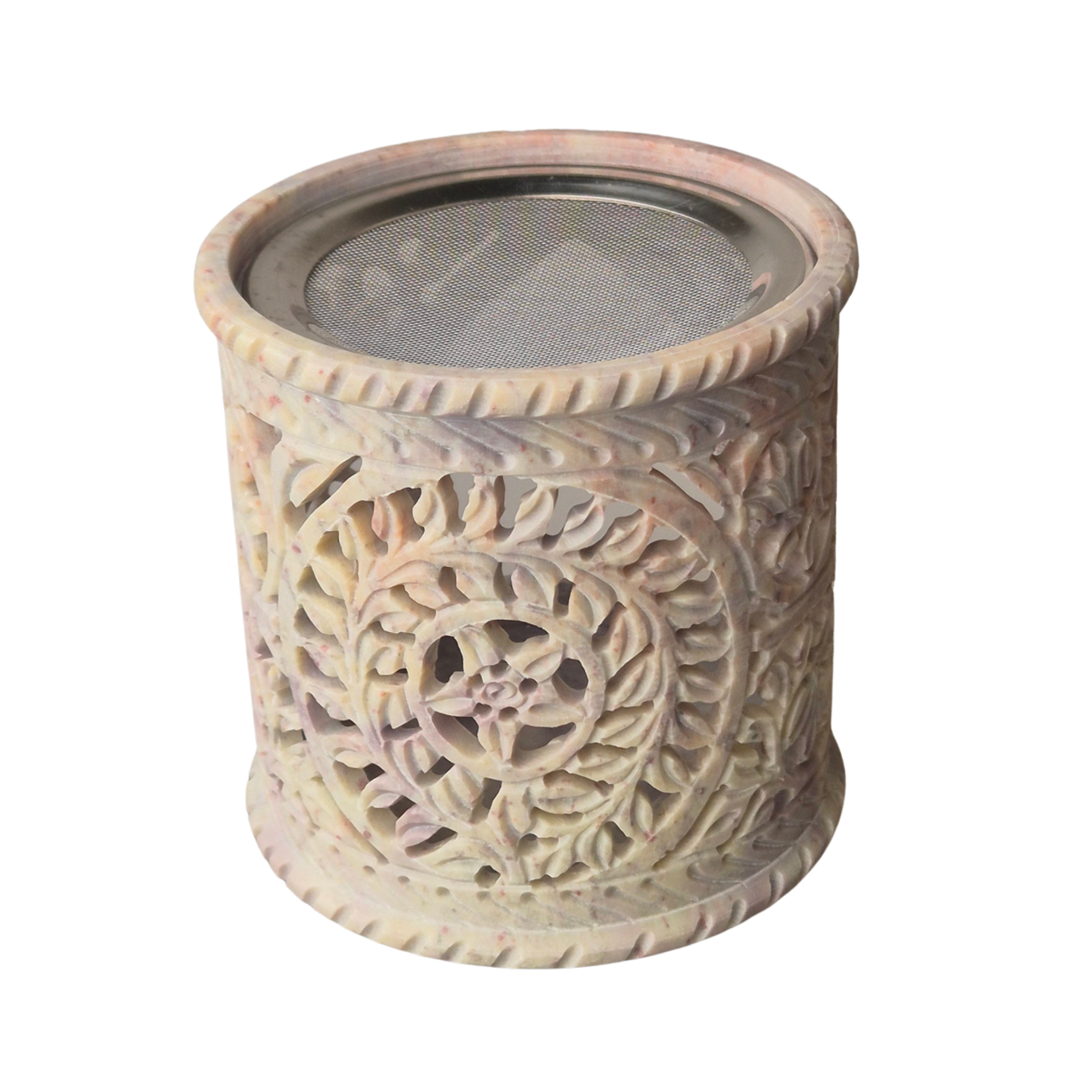 Räuchergefäß aus Speckstein mit Fine-Carving-Blütenmotiv, Draufsicht, Edelstahlsieb Ø 9 cm – MAFUMO Räuchermanufaktur