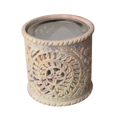 Räuchergefäß aus Speckstein mit Fine-Carving-Blütenmotiv, Draufsicht, Edelstahlsieb Ø 9 cm – MAFUMO Räuchermanufaktur