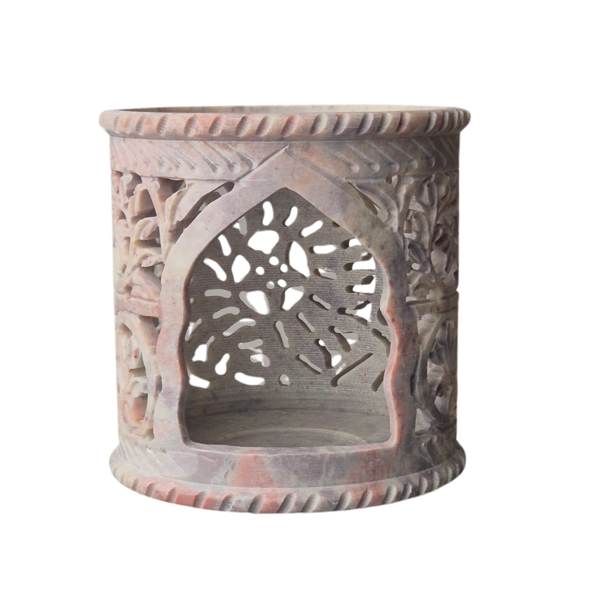 Räuchergefäß aus Speckstein mit Fine-Carving-Blütenmotiv, Hinteransicht, Edelstahlsieb Ø 9 cm – MAFUMO Räuchermanufaktur
