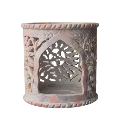 Räuchergefäß aus Speckstein mit Fine-Carving-Blütenmotiv, Hinteransicht, Edelstahlsieb Ø 9 cm – MAFUMO Räuchermanufaktur
