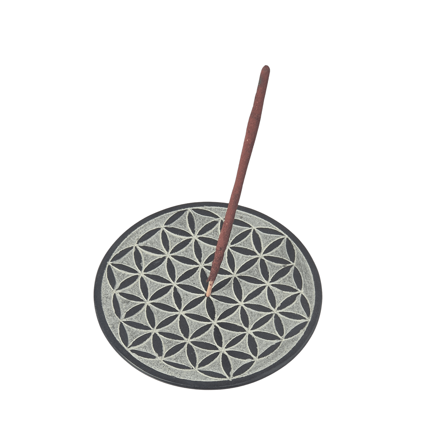 Specksteinhalter Blume des Lebens schwarz – mit Räucherstäbchen in Verwendung