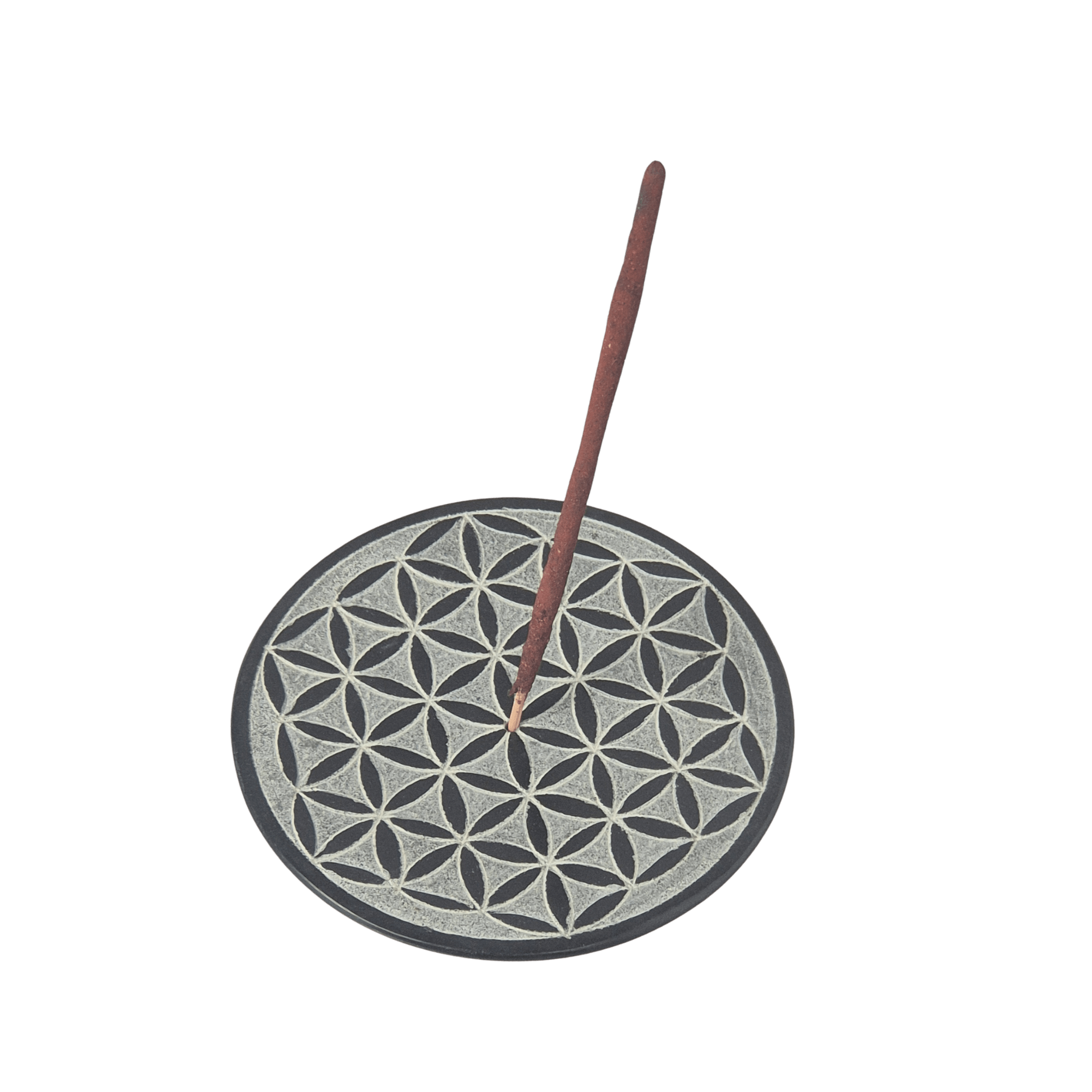 Specksteinhalter Blume des Lebens schwarz – mit Räucherstäbchen in Verwendung