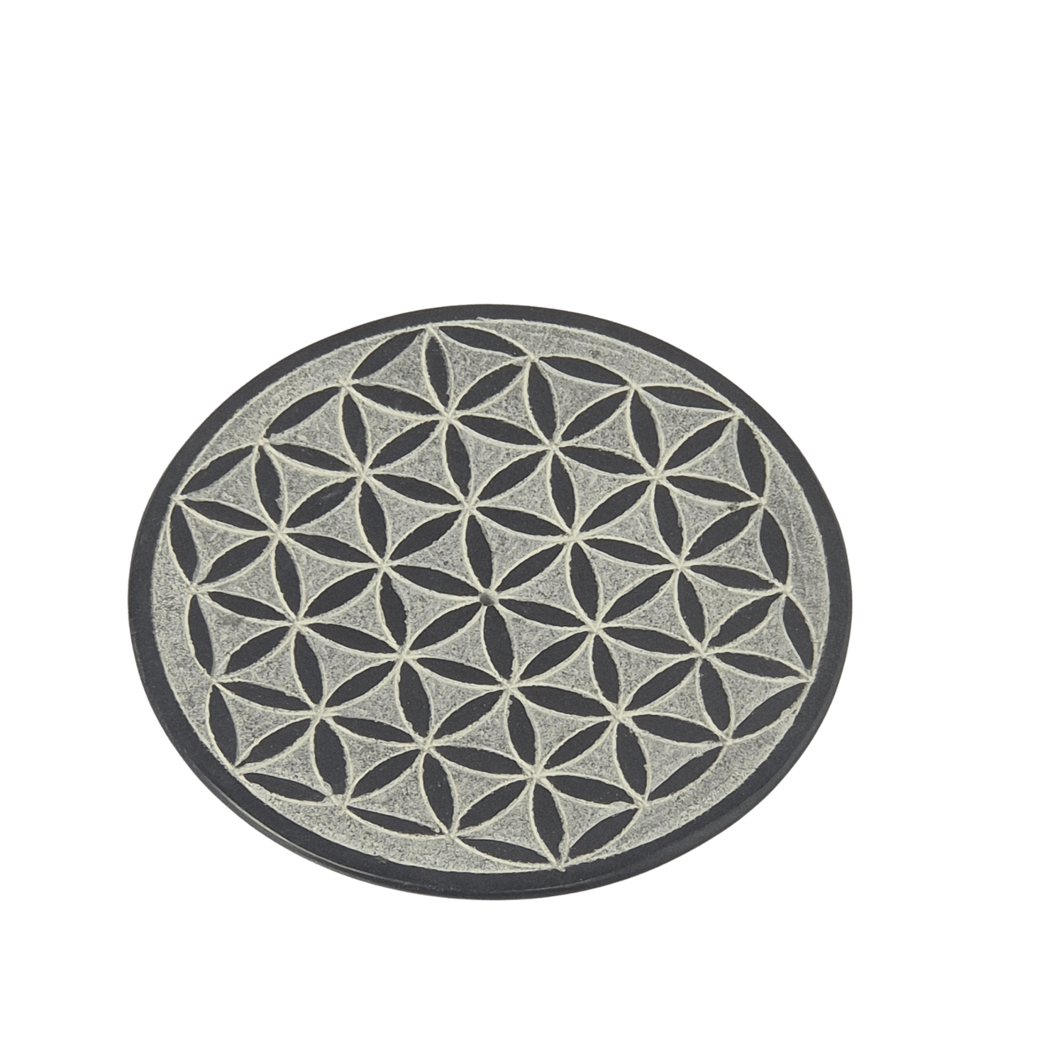 Räucherstäbchenhalter Blume des Lebens aus schwarzem Speckstein ø 10 cm – MAFUMO