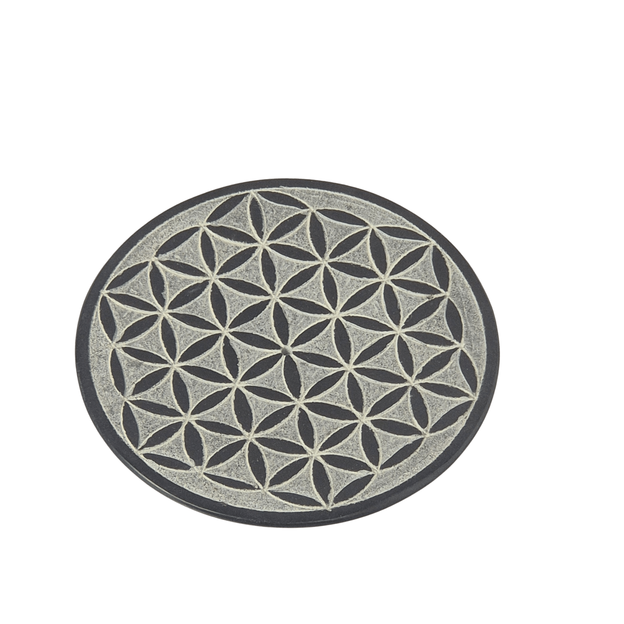 Räucherstäbchenhalter Blume des Lebens aus schwarzem Speckstein ø 10 cm – MAFUMO