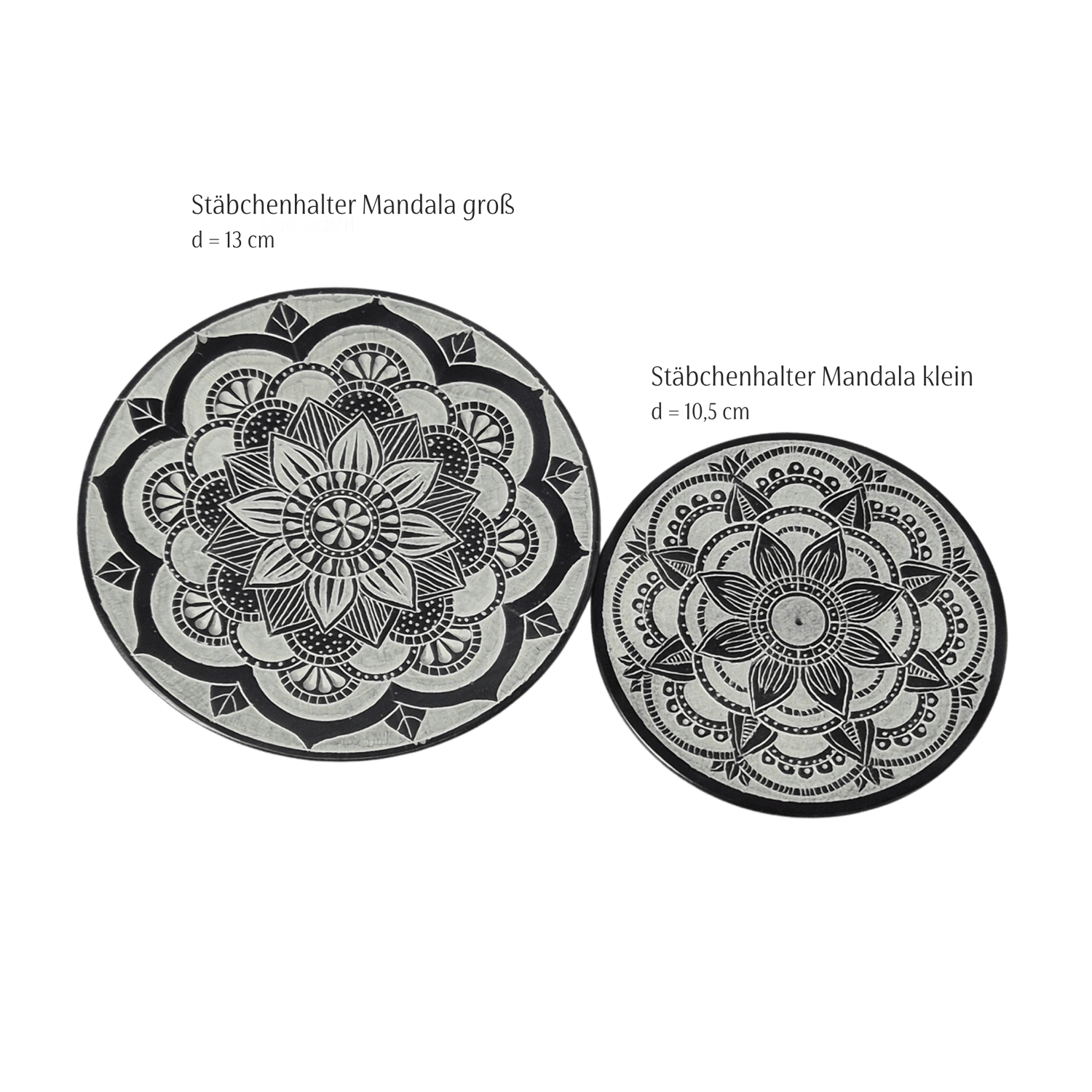 Stäbchenhalter Mandala groß (ø 13 cm) und klein (ø 10,5 cm) im Größenvergleich – MAFUMO