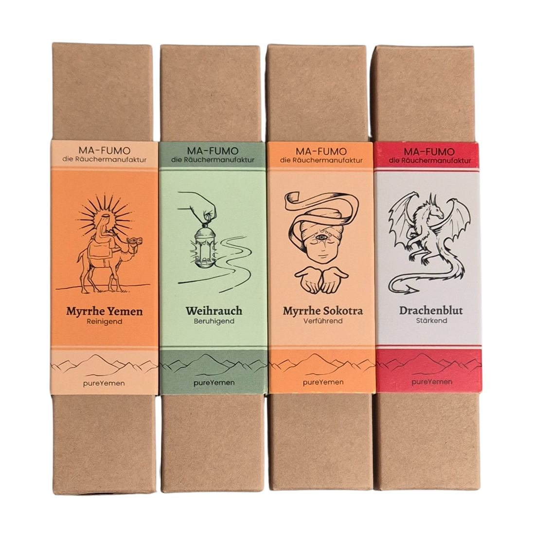 Bundle der 4 Sorten der von Hand gerollten Räucherstäbchen aus dem Jemen.  Ohne Zusätze, ohne Chemie und zu 100% aus natürlichen Rohstoffen