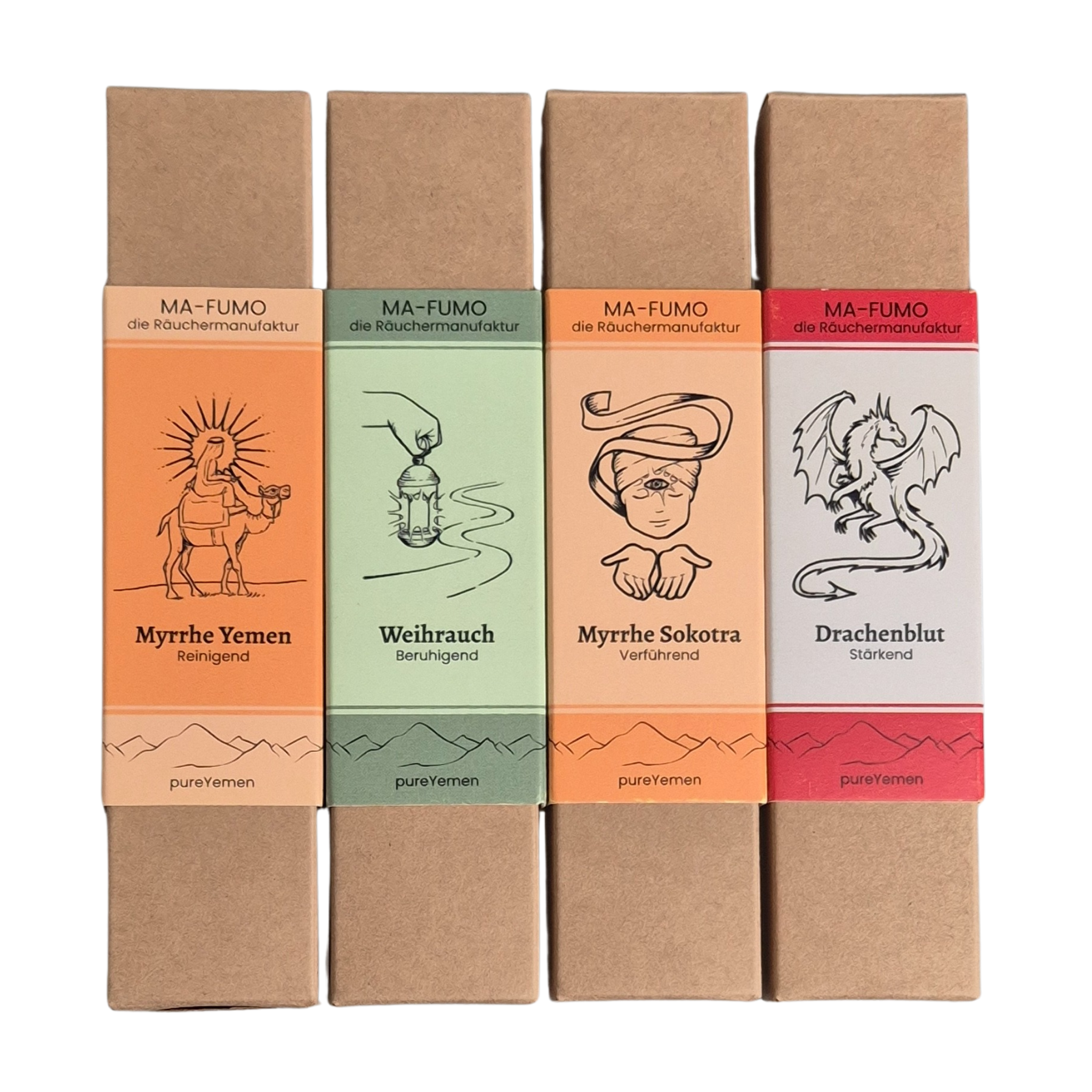 Bundle der 4 Sorten der von Hand gerollten Räucherstäbchen aus dem Jemen.  Ohne Zusätze, ohne Chemie und zu 100% aus natürlichen Rohstoffen