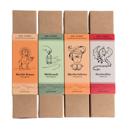 Bundle der 4 Sorten der von Hand gerollten Räucherstäbchen aus dem Jemen.  Ohne Zusätze, ohne Chemie und zu 100% aus natürlichen Rohstoffen