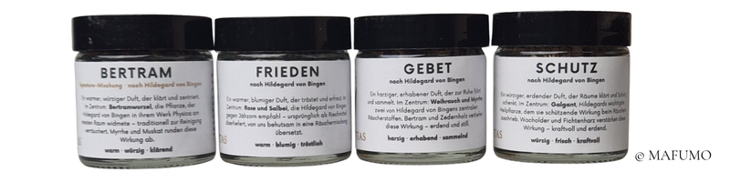4 Räuchermischungen im Glastiegel á 60ml Inhalt aus der Viriditas-Serie nach Hildegard von Bingen - nur von MAFUMO