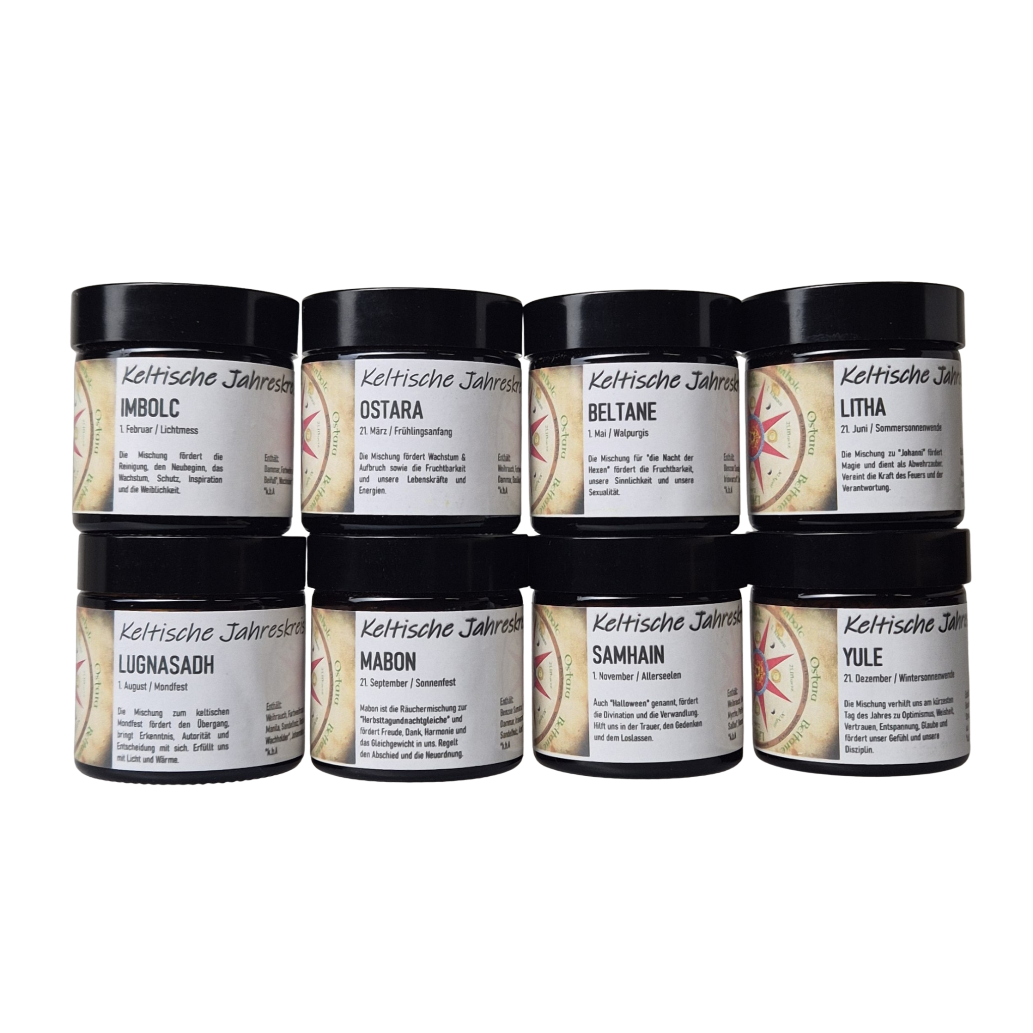 Bild zeigt alle 8 Räuchermischungen zu den Keltischen Jahresfesten
