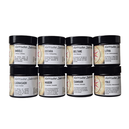 Bild zeigt alle 8 Räuchermischungen zu den Keltischen Jahresfesten - im Shop MAFUMO zu kaufen