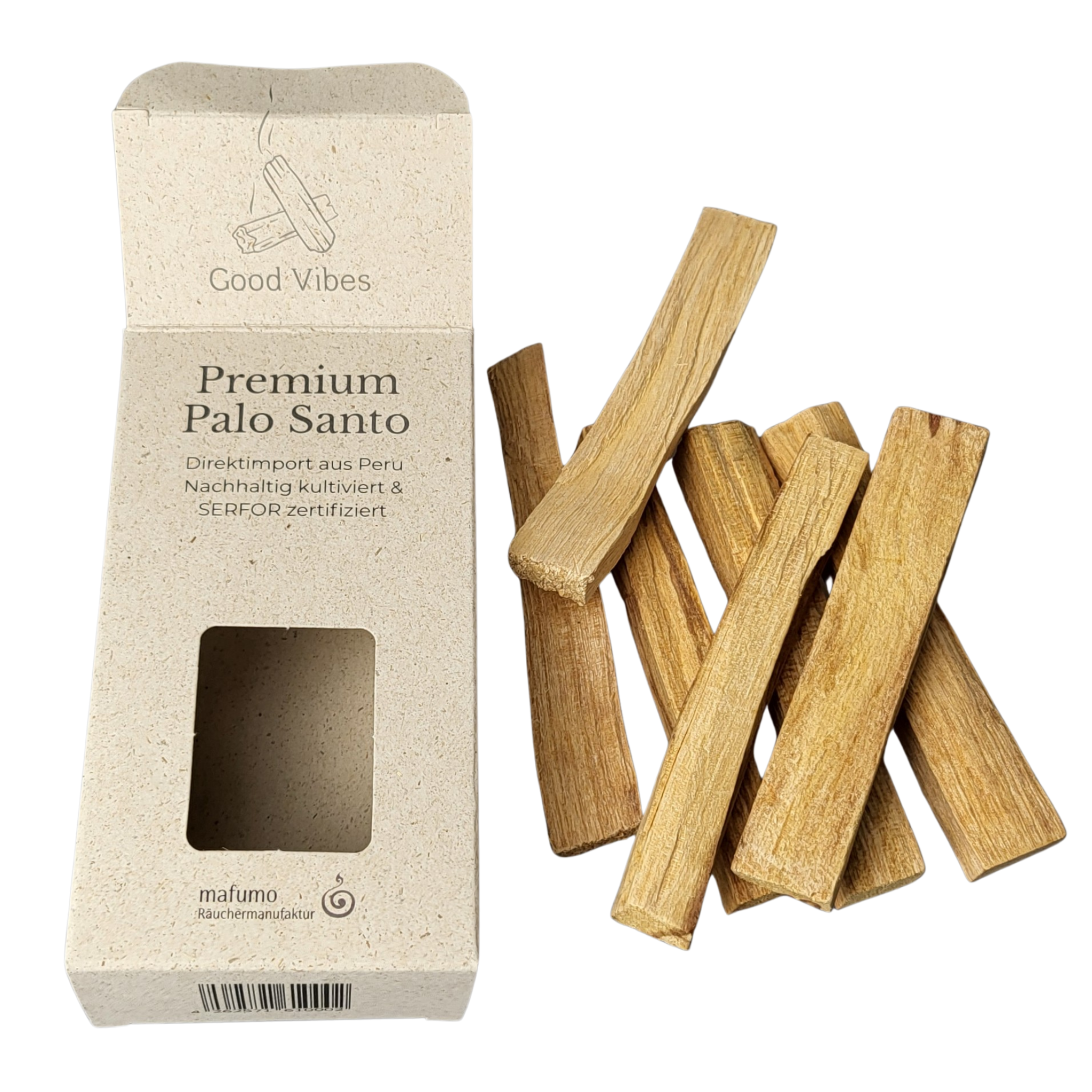 Verpackung von unserem Palo Santo in ausgepacktem Zustand. Hölzer liegen daneben. Nachhaltige Graspapier-Box. Zertifiziertes Palo Santo Räucherholz, mind. 14 Sticks in der Doppelpackung mit ca. 10 cm Länge