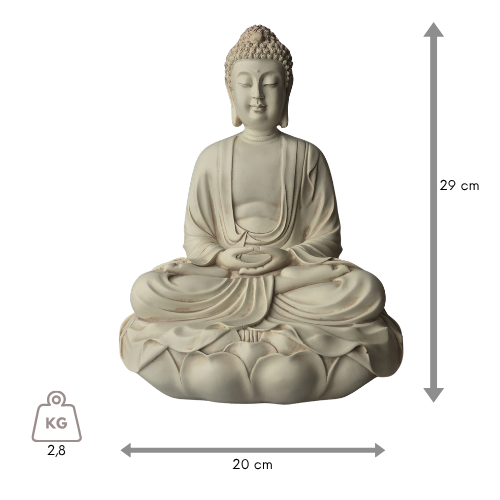 Elfenbeinweißer Amitabha-Buddha in Dhyana Mudra auf Lotussockel, mit Maßangaben: 29 cm hoch, 20 cm breit, 2,8 kg.