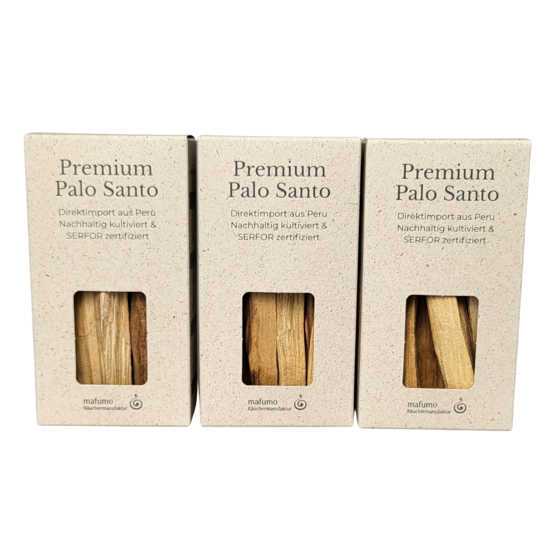 Bild zeigt 3 Boxen vom Palo Santo im nachhaltigen Graspapier-Karton. Jede Box enthält  mind. 7 Sticks / mind. 60g