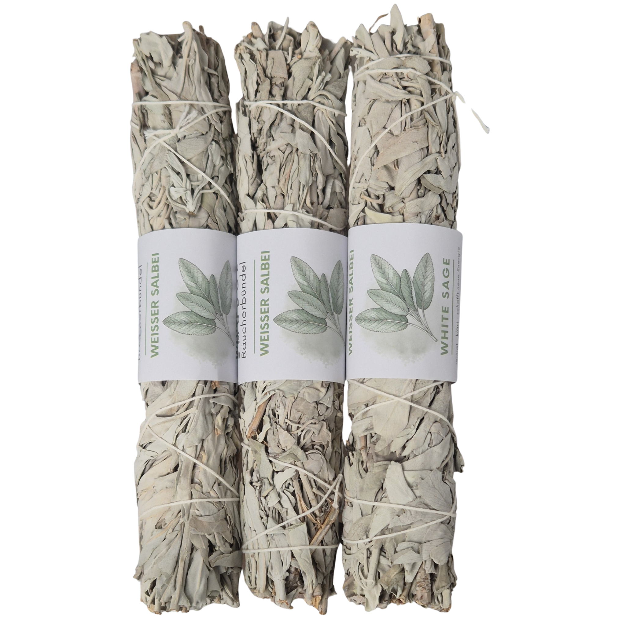 Bild zeigt 3 XXL Smudge vom White Sage - Räucherbündel. Jeder Smudge ist ca. 23cm lang