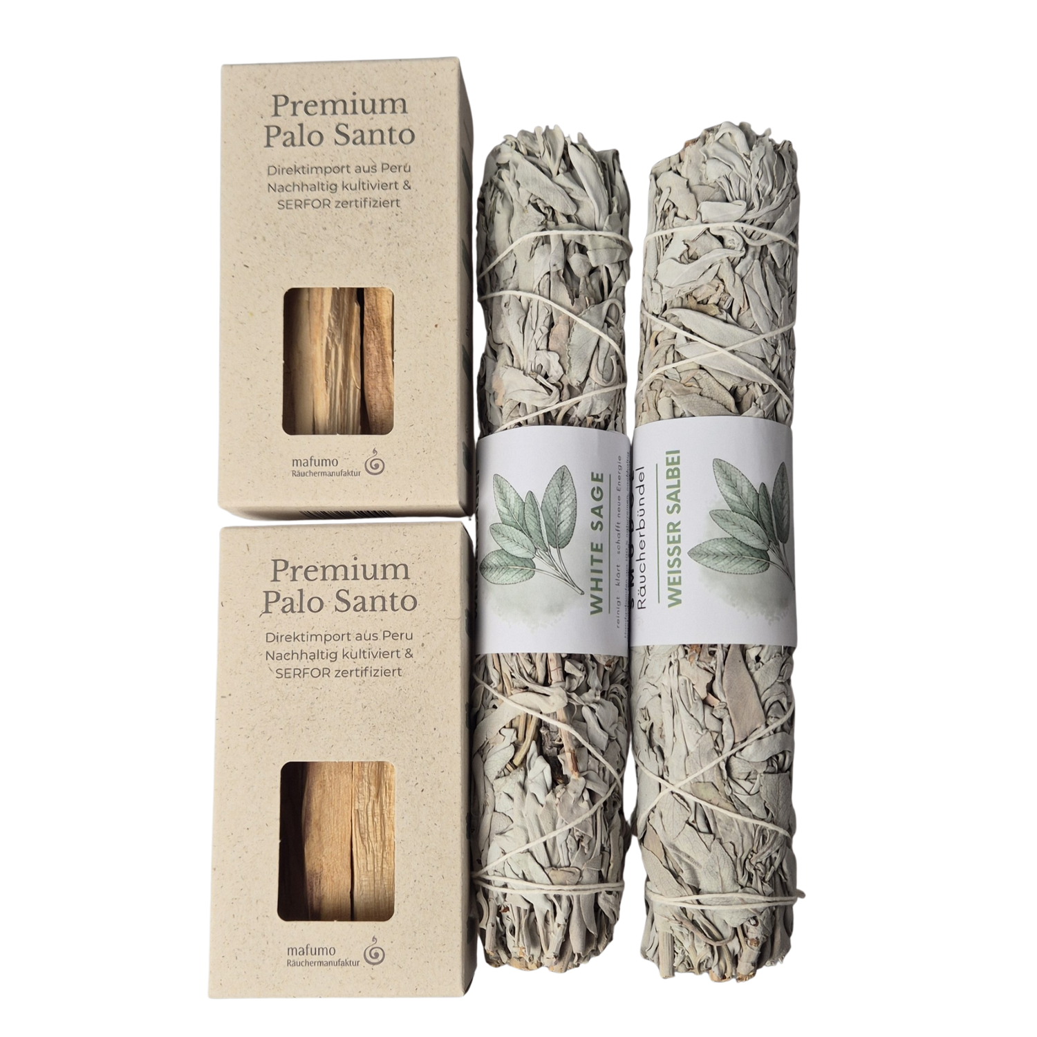 Bundle von 2x XXL White Sage Smudge und 2 Boxen vom Premium Palo Santo Holzsticks