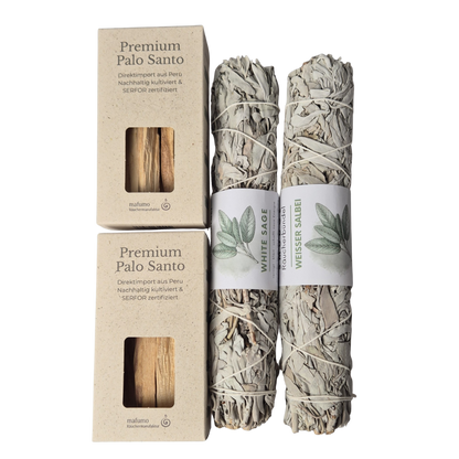 Bundle von 2x XXL White Sage Smudge und 2 Boxen vom Premium Palo Santo Holzsticks