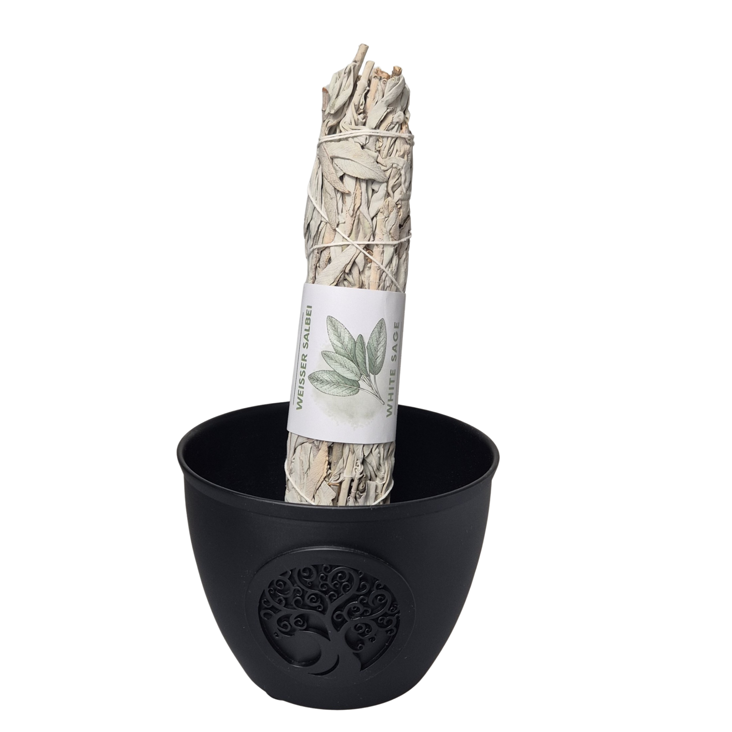 Smudge Weißer Salbei, Räucherbündel groß, 23cm lang - stehend in Smudge- Bowl. Der Weiße Salbei (White Sage) stammt aus Mexico und den USA. Kontrollierte Einfuhr.