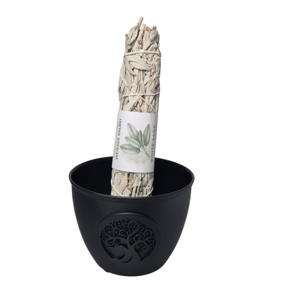 Smudge Weißer Salbei, Räucherbündel groß, 23cm lang - stehend in Smudge- Bowl. Der Weiße Salbei (White Sage) stammt aus Mexico und den USA. Kontrollierte Einfuhr.
