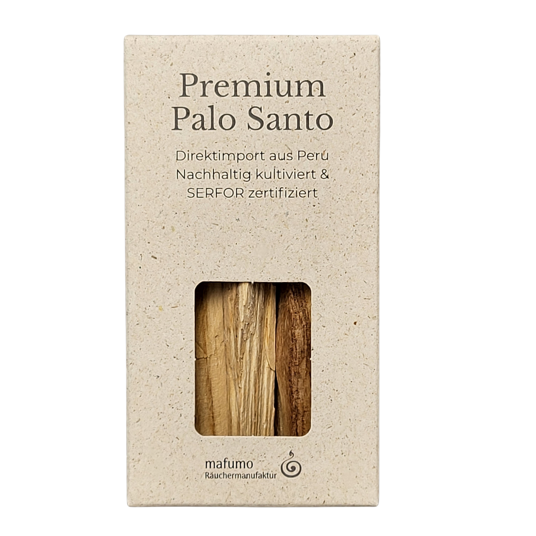 Verpackung von unserem Palo Santo in der nachhaltigen Graspapier-Box. Zertifiziertes Palo Santo Räucherholz, mind. 7 Sticks mit ca. 10 cm Länge