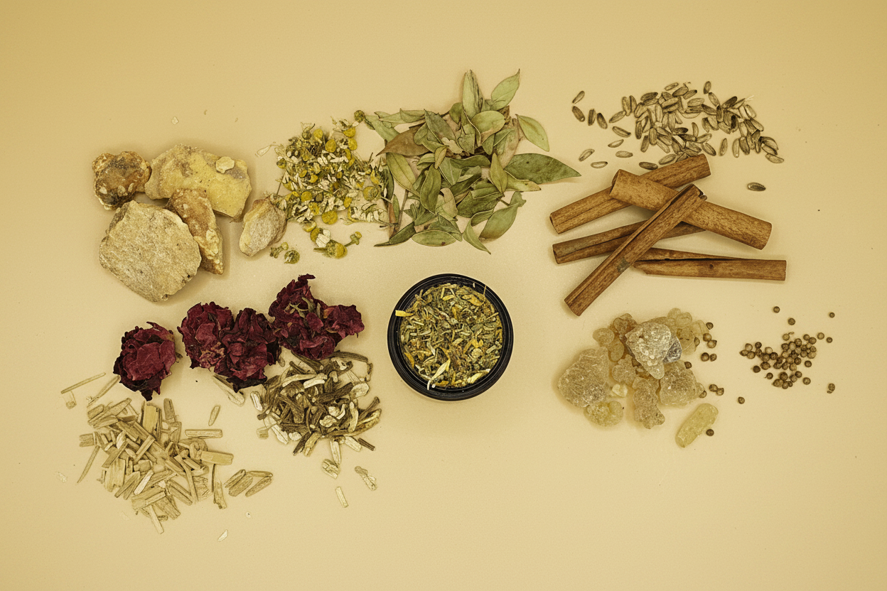 Räuchermischungen Zutaten – getrocknete Kräuter, Harze, Zimtstangen, Rosenblüten und Samen von MAFUMO Räuchermanufaktur